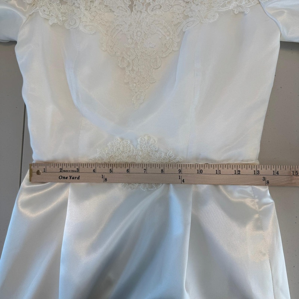 Vintage 90s Satin Lace Wedding Dress S Off Shoulder Long Sleeve Minimalist - Picture 13 of 15
